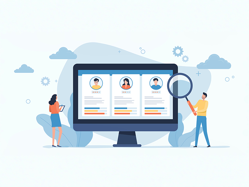 Illustration of two people reviewing candidate profiles on a large computer screen.