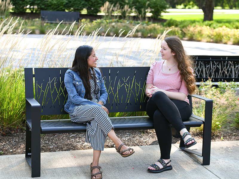 students meeting near labyrinth 