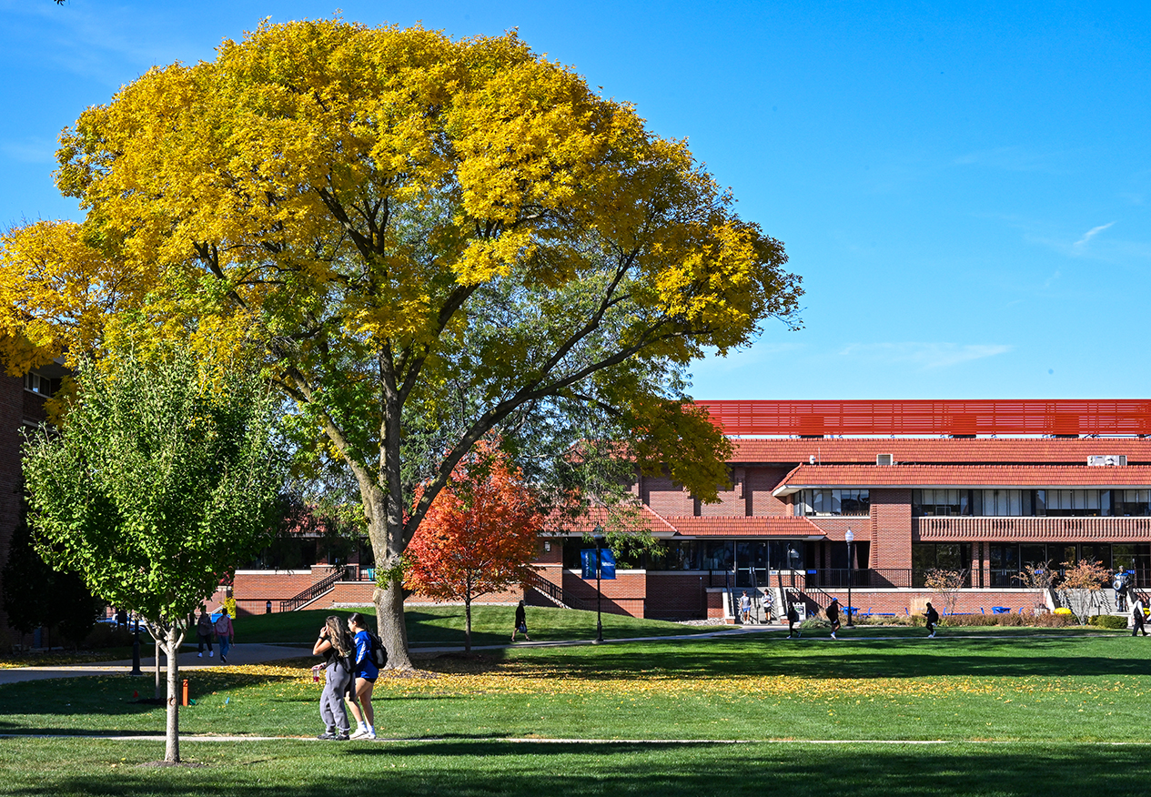students walking across the quad in the fall